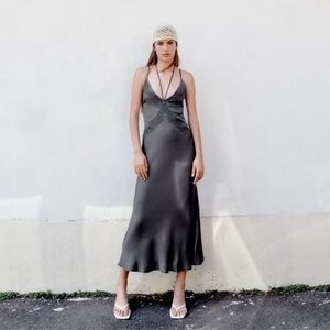 ZARA EMBROIDERED MIDI SLIP DRESS CHARCOAL GRAY 0881/307